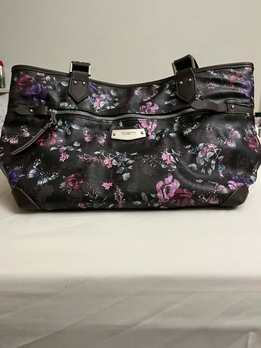 Rosetti Brown Tote with Pink and Purple Floral & Butterfly Print
